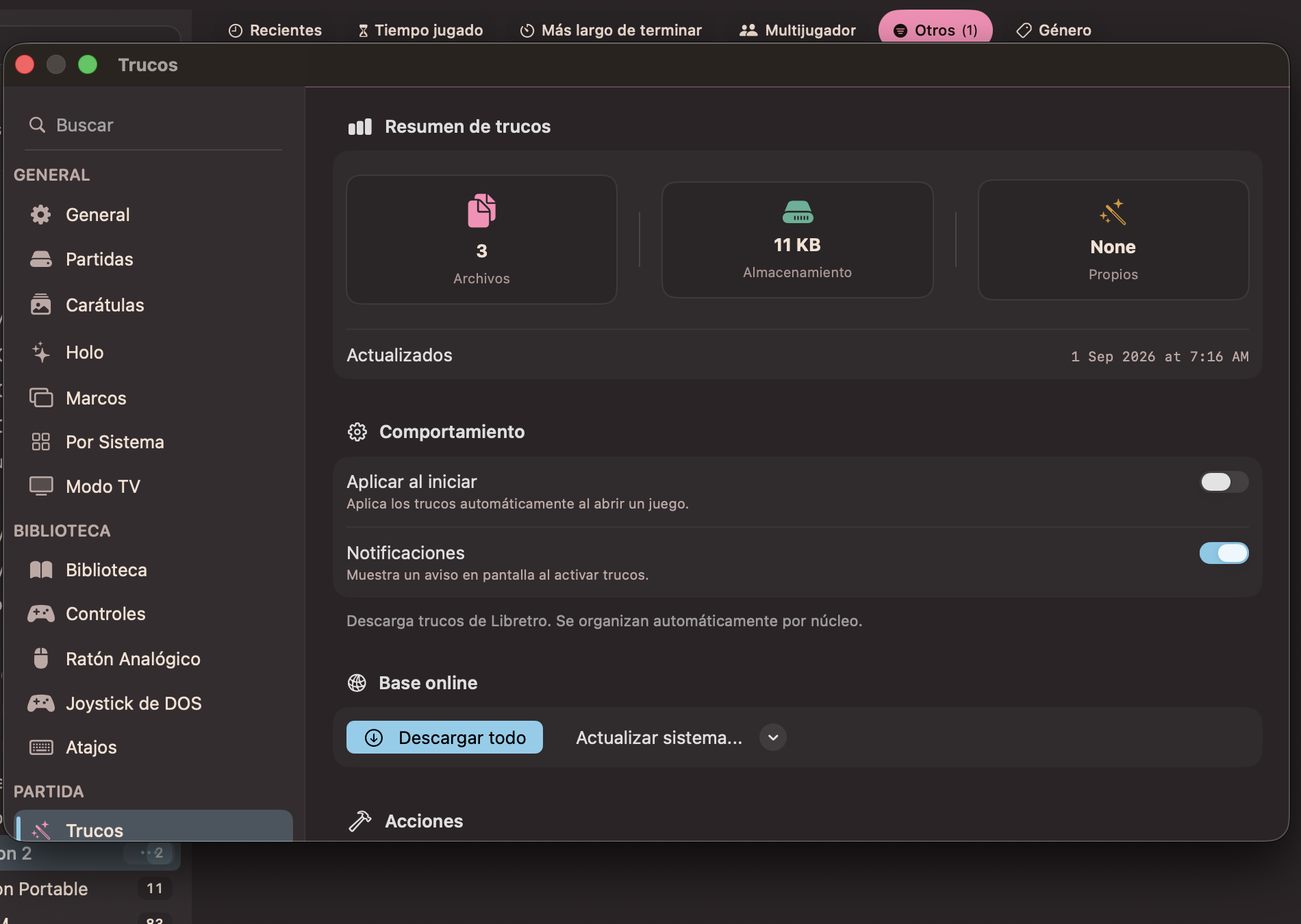 Ajustes de trucos con descarga