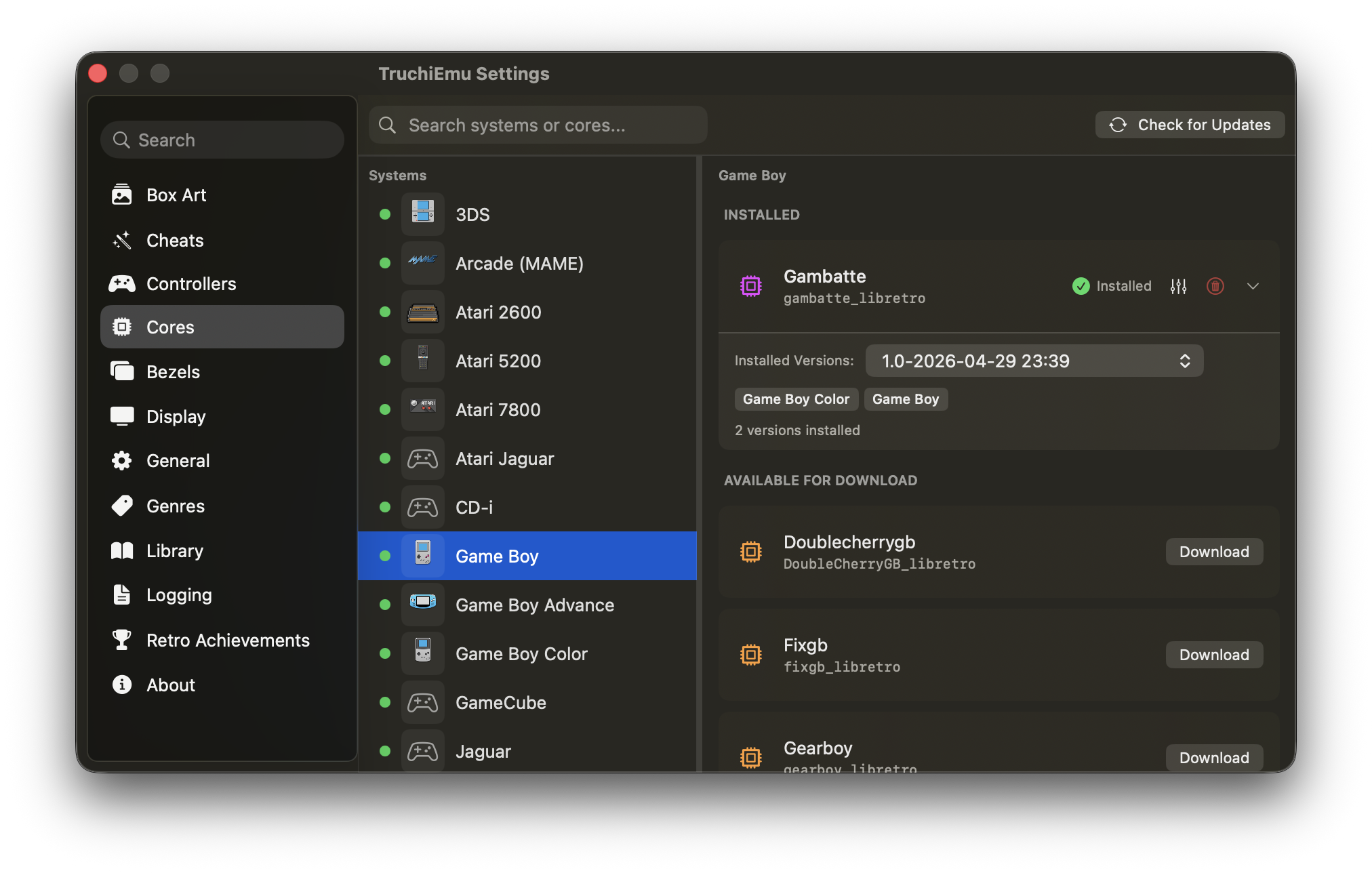 Core Settings Interface