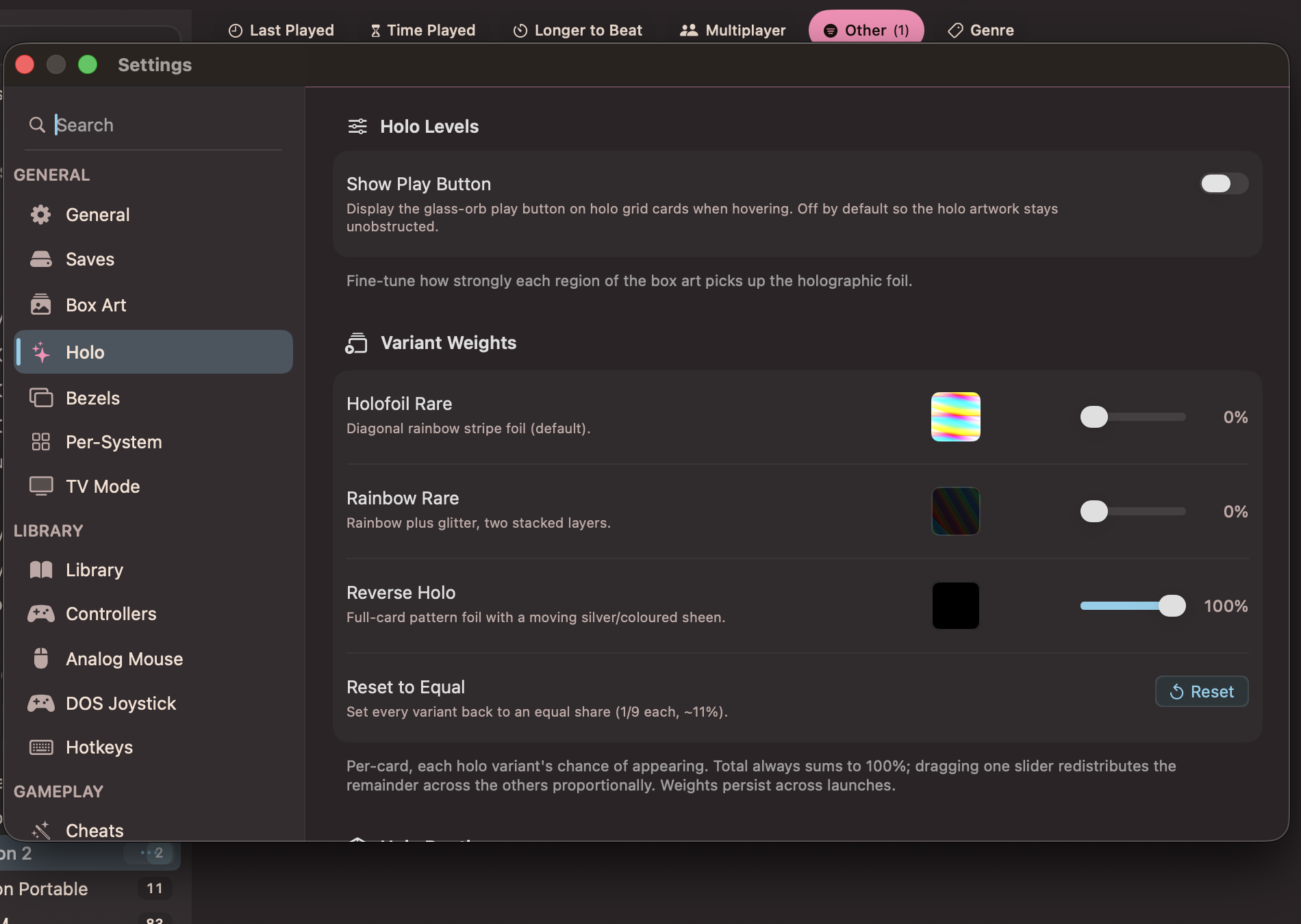 Holo settings with foil variant weights