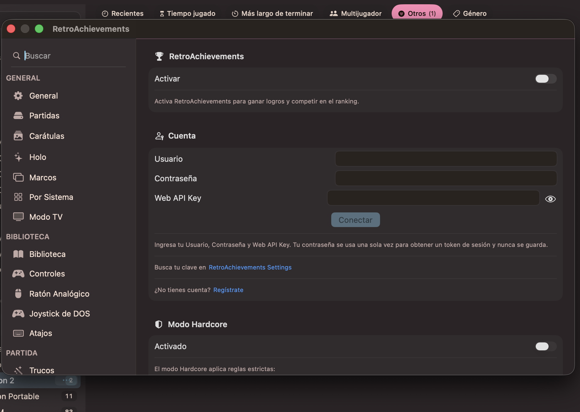 Cuenta de RetroAchievements con usuario, contraseña y clave API