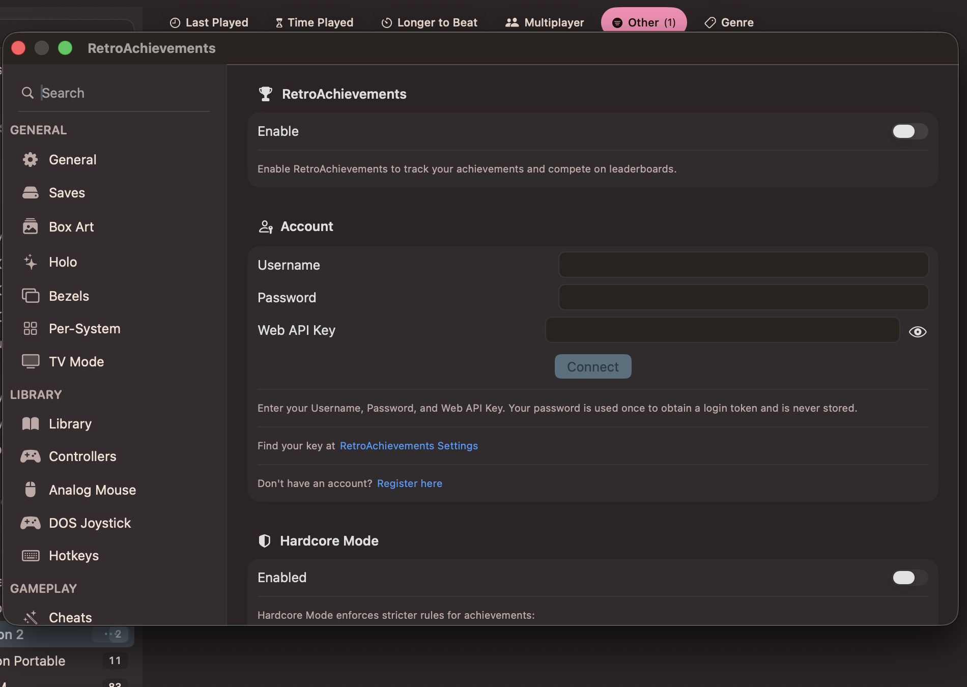 RetroAchievements account settings with username, password, and Web API key fields