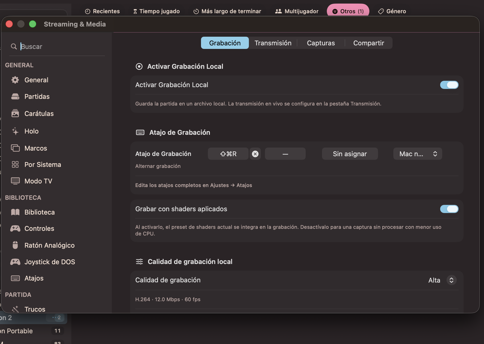 Ajustes de grabación y streaming