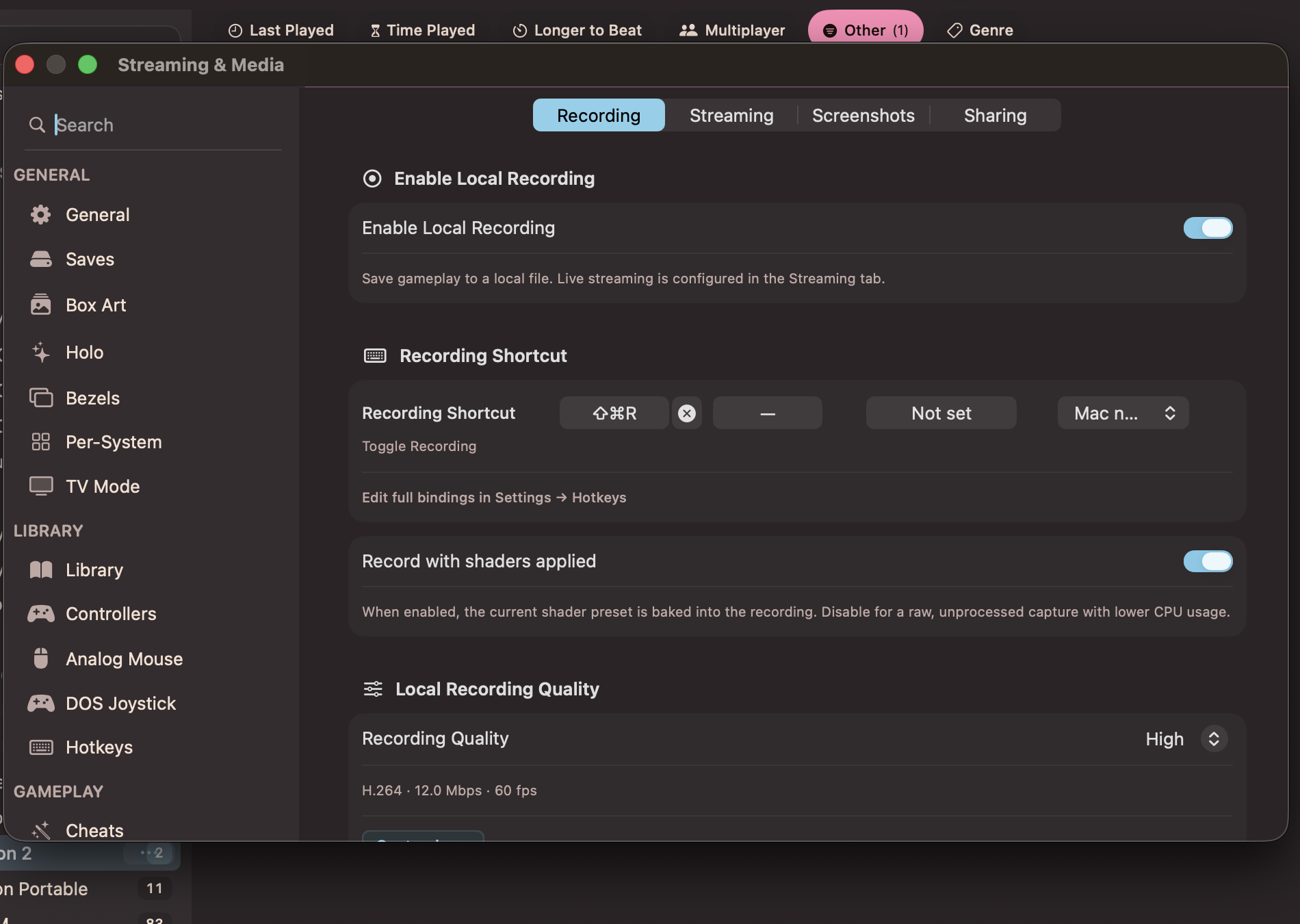 Streaming and Media recording settings
