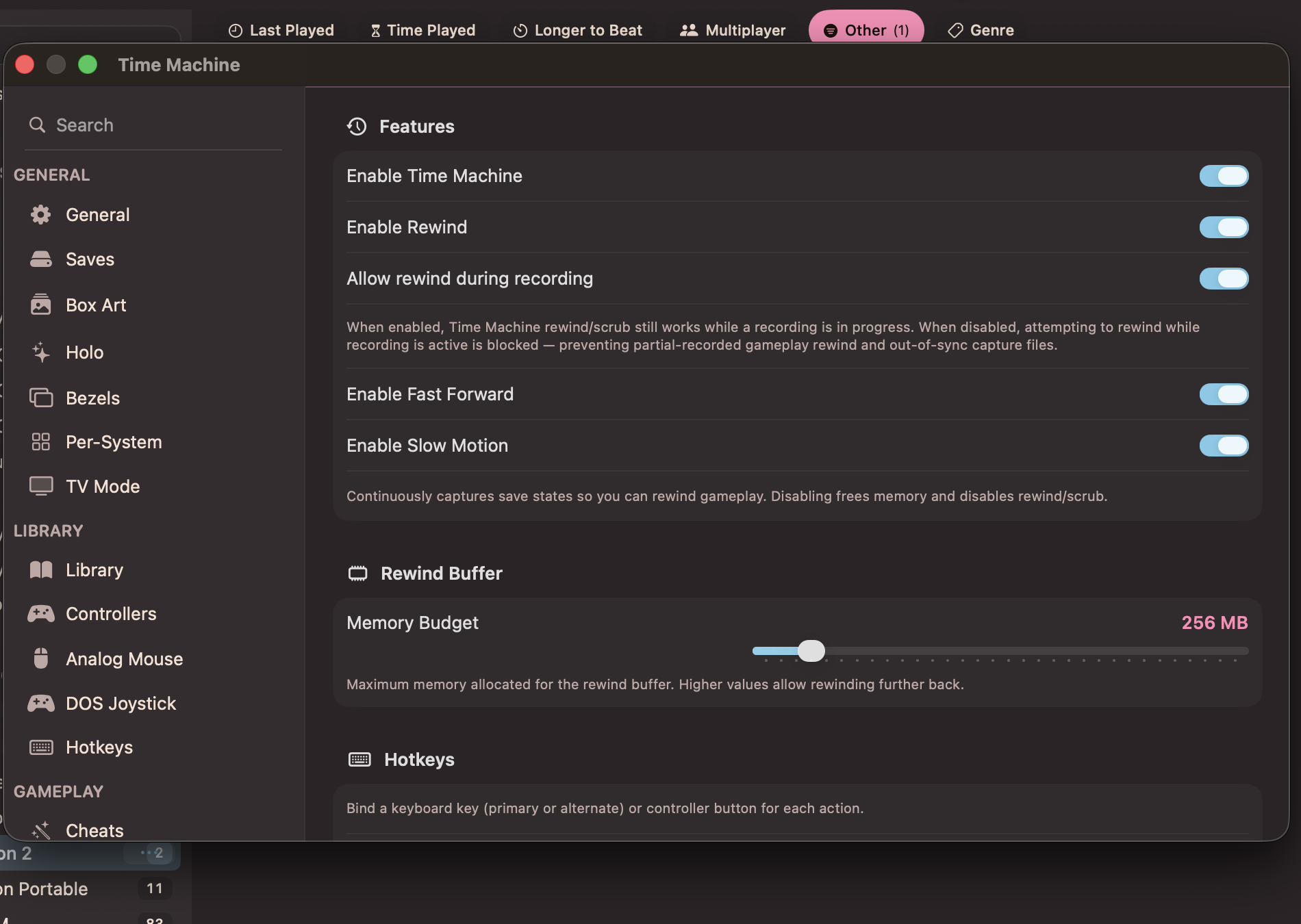Time Machine settings with rewind toggles and buffer budget